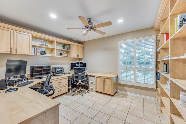 office featuring light tile patterned floors, recessed lighting, a ceiling fan, and built in desk