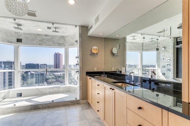 bathroom featuring walk in shower and vanity