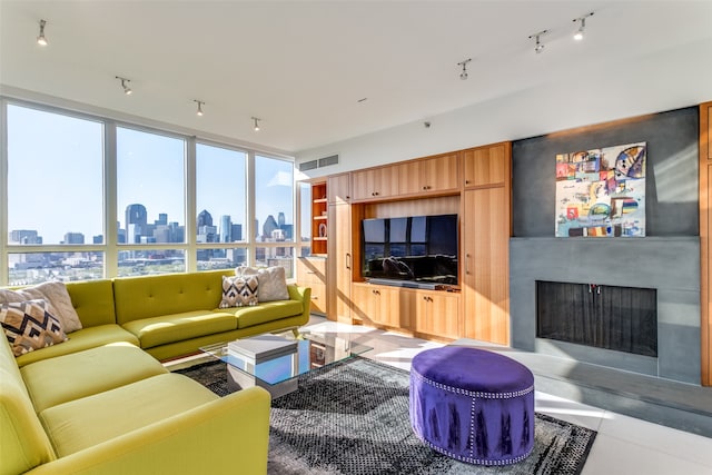 living room featuring a fireplace