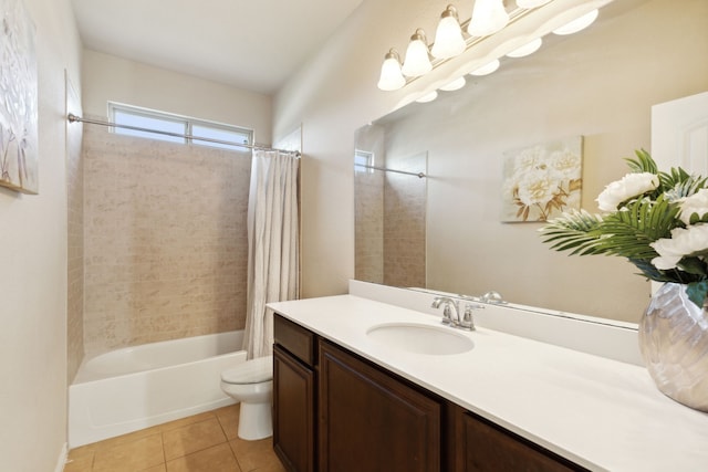 full bathroom with shower / tub combo, tile patterned floors, vanity, and toilet