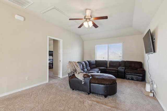 living room with light carpet, vaulted ceiling, and ceiling fan