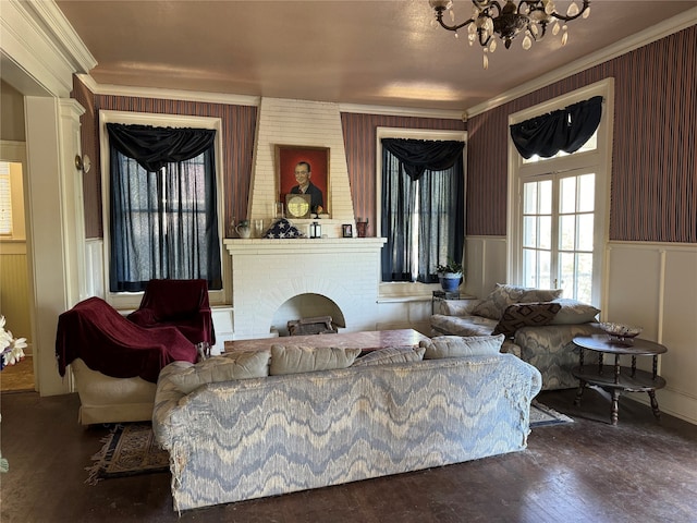 living room with a brick fireplace, dark hardwood / wood-style flooring, and crown molding