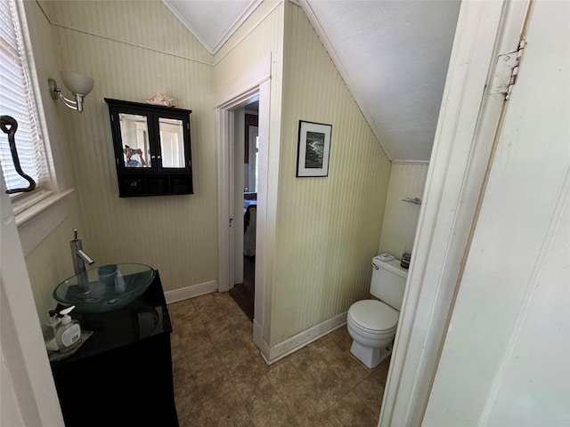 bathroom with sink, crown molding, toilet, and lofted ceiling