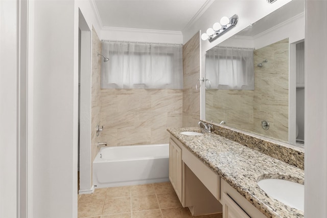 bathroom featuring vanity, crown molding, and tile patterned flooring