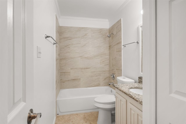 full bathroom featuring tiled shower / bath combo, tile patterned floors, vanity, toilet, and ornamental molding