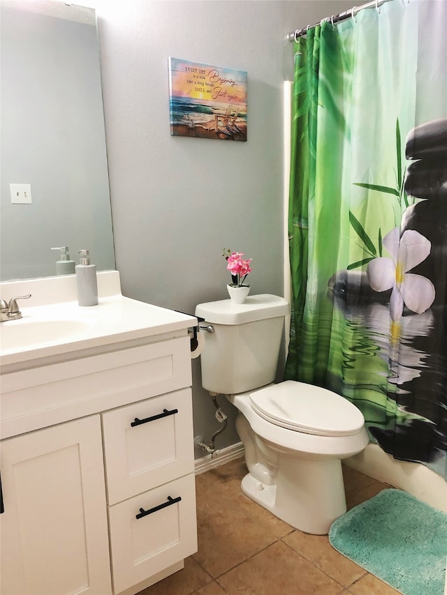 bathroom featuring walk in shower, vanity, toilet, and tile patterned floors