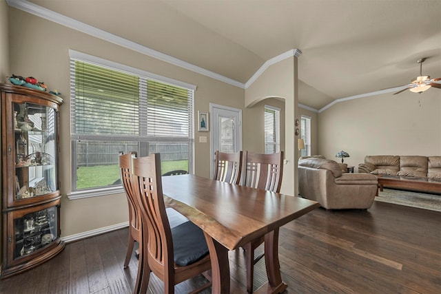 dining area with a healthy amount of sunlight, ornamental molding, lofted ceiling, and dark hardwood / wood-style floors