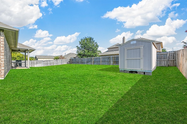 view of yard featuring a shed and a patio