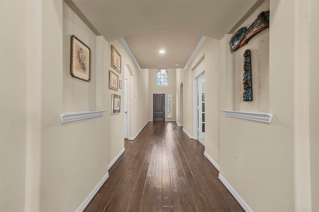 hall featuring crown molding and dark hardwood / wood-style flooring