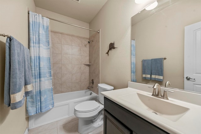 full bathroom with vanity, shower / tub combo with curtain, toilet, and tile patterned floors