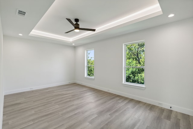 empty room featuring plenty of natural light, a tray ceiling, and light hardwood / wood-style floors