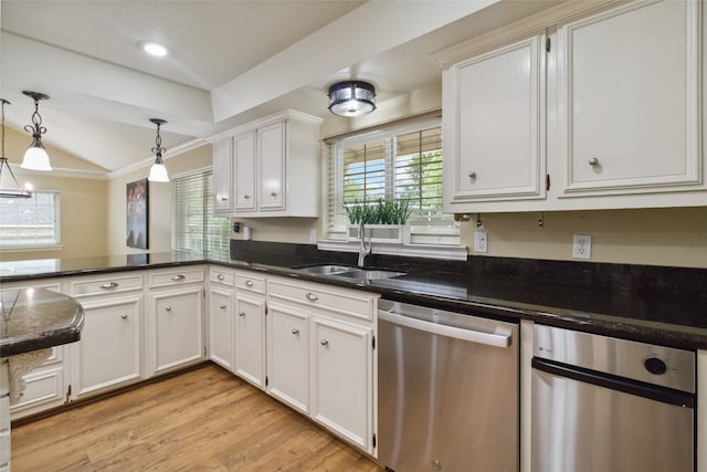 kitchen with light hardwood / wood-style floors, dishwasher, white cabinets, and sink