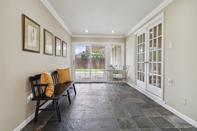 doorway featuring french doors and crown molding