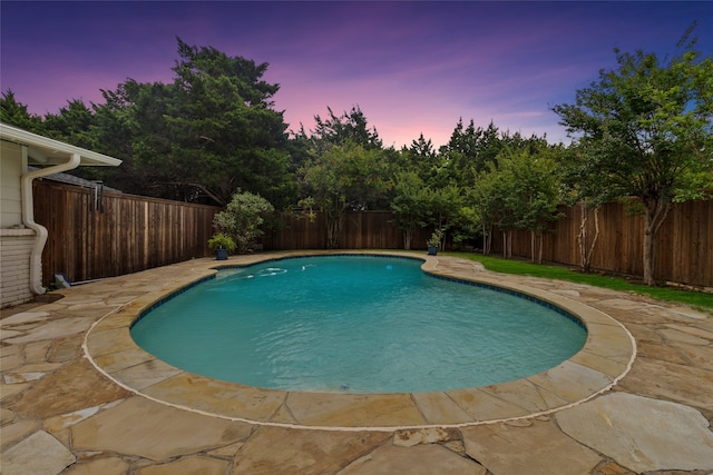 pool at dusk featuring a patio