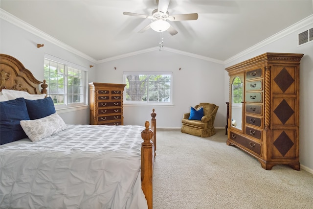 bedroom with lofted ceiling, carpet, ornamental molding, and ceiling fan