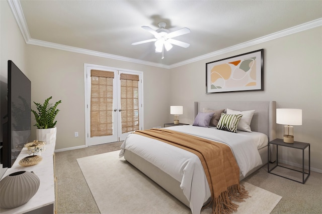 carpeted bedroom featuring access to outside, ornamental molding, french doors, and ceiling fan