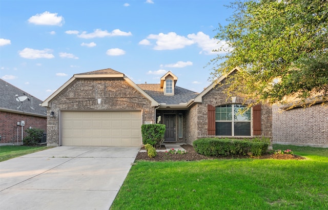 view of front of home featuring a front yard and a garage