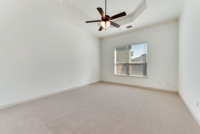 5625 Granada Dr, Mckinney, TX 75071 - spare room featuring baseboards, visible vents, light colored carpet, ceiling fan, and crown molding