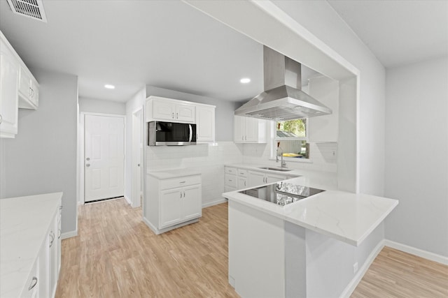 kitchen with visible vents, a sink, stainless steel microwave, range hood, and a peninsula