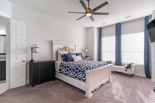 carpeted bedroom featuring ceiling fan