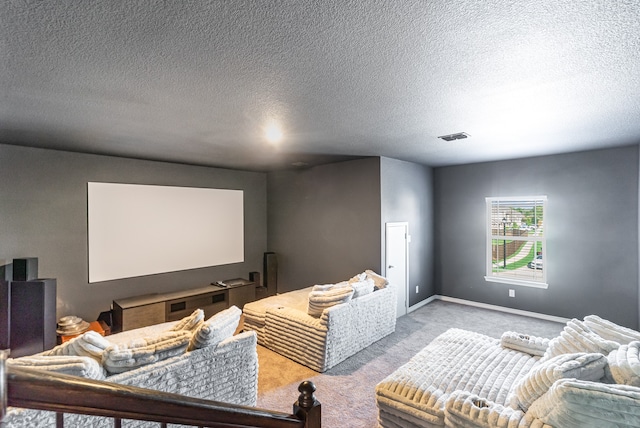 carpeted cinema with a textured ceiling