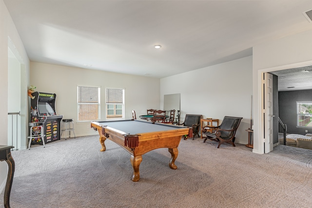 recreation room featuring pool table and light colored carpet