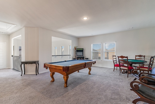 rec room featuring billiards and carpet