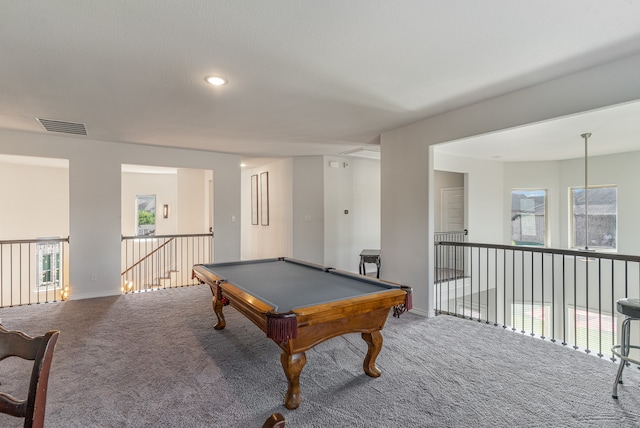 game room with billiards and carpet flooring