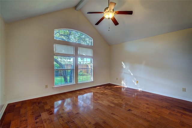 empty room featuring high vaulted ceiling, baseboards, wood finished floors, and beamed ceiling