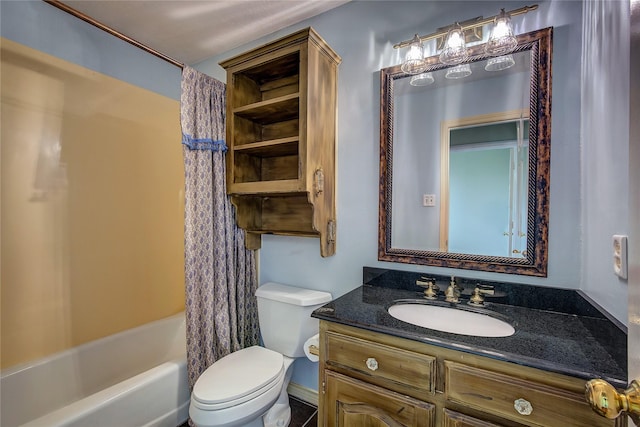 full bathroom with shower / bath combo, vanity, and toilet