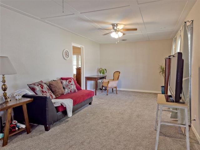 living room with carpet floors and ceiling fan