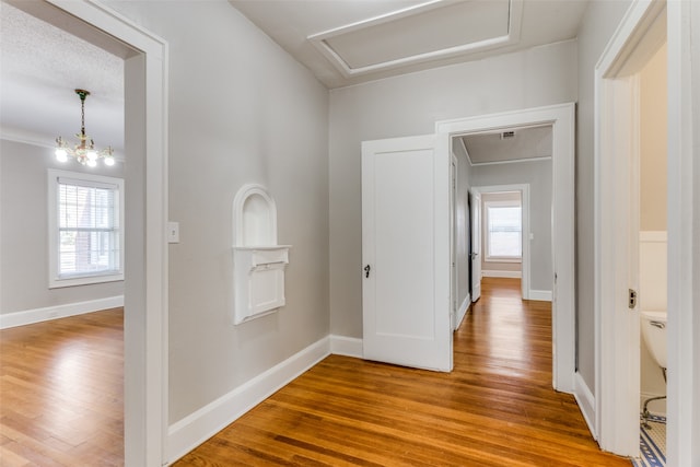 corridor with hardwood / wood-style floors, a notable chandelier, and a textured ceiling