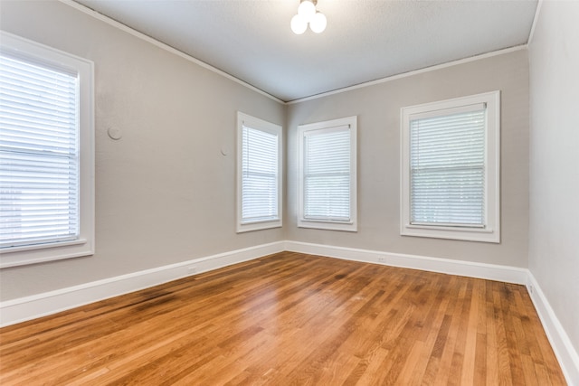 empty room featuring hardwood / wood-style floors, a healthy amount of sunlight, ornamental molding, and a textured ceiling