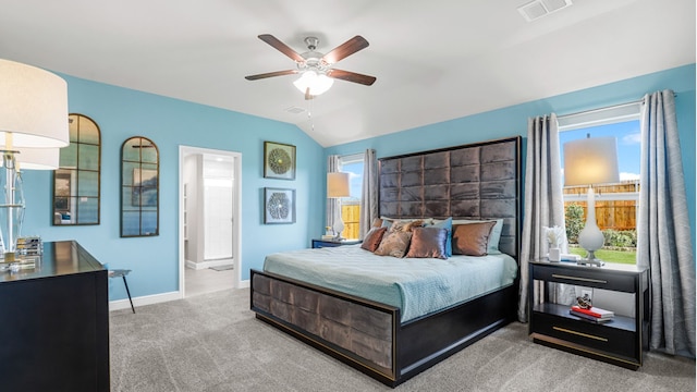 bedroom featuring carpet, ceiling fan, and lofted ceiling