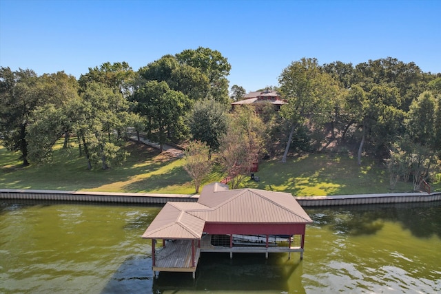 dock area with a yard and a water view