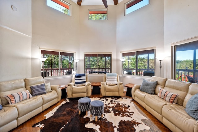 living room featuring a healthy amount of sunlight, a high ceiling, and hardwood / wood-style floors