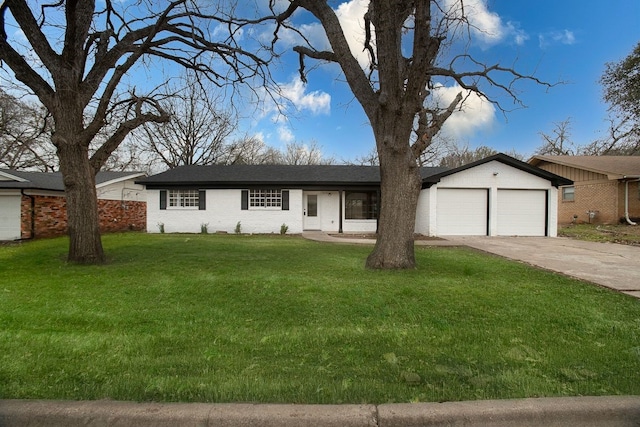 single story home with concrete driveway, brick siding, an attached garage, and a front lawn