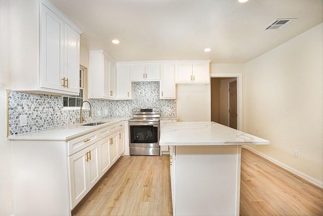 kitchen with sink, white cabinets, a center island, light stone counters, and stainless steel electric range