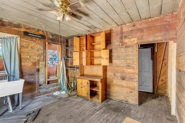 misc room with wooden ceiling, dark hardwood / wood-style floors, ceiling fan, and wooden walls