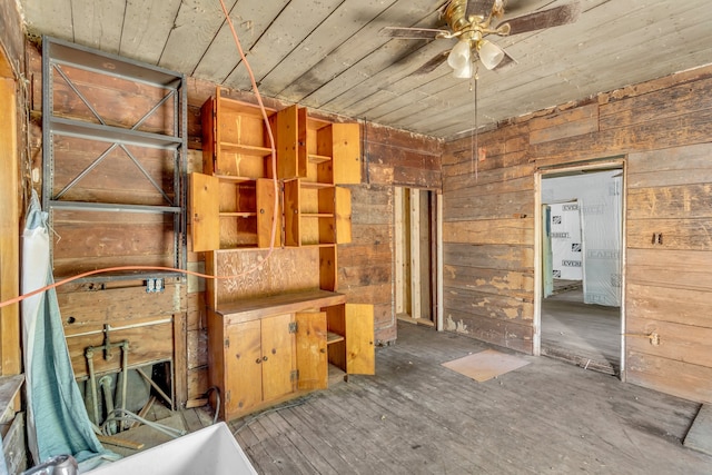 misc room with wooden ceiling, ceiling fan, and wooden walls