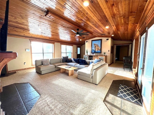 living room featuring wood ceiling, vaulted ceiling, and carpet