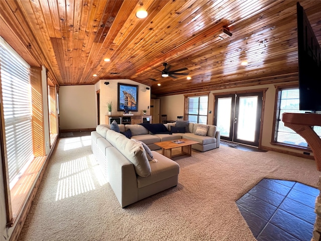 living room with carpet, ceiling fan, wooden ceiling, lofted ceiling, and french doors