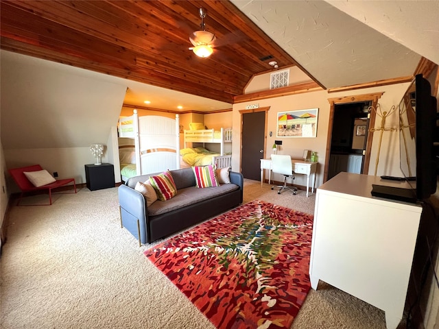 living room featuring lofted ceiling, wooden ceiling, and carpet flooring