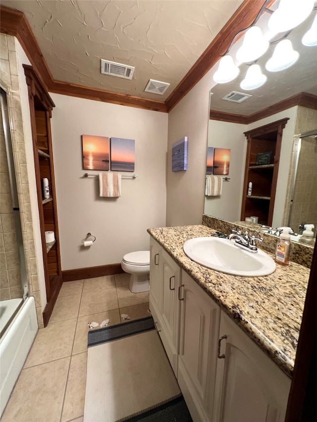 full bathroom featuring ornamental molding, tile patterned floors, vanity, and toilet