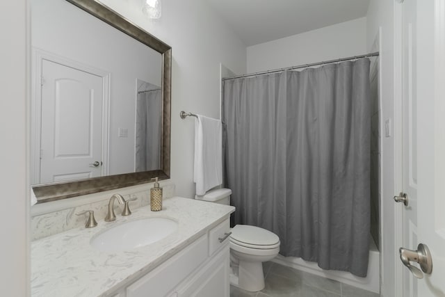 full bathroom featuring vanity, tile patterned flooring, toilet, and shower / tub combo with curtain