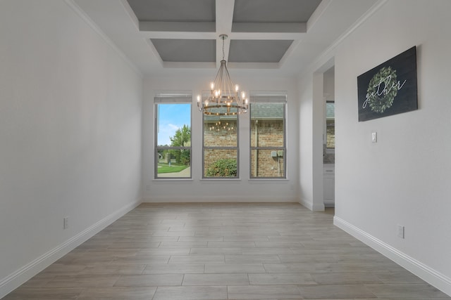 unfurnished dining area featuring beamed ceiling, an inviting chandelier, light wood-type flooring, crown molding, and coffered ceiling