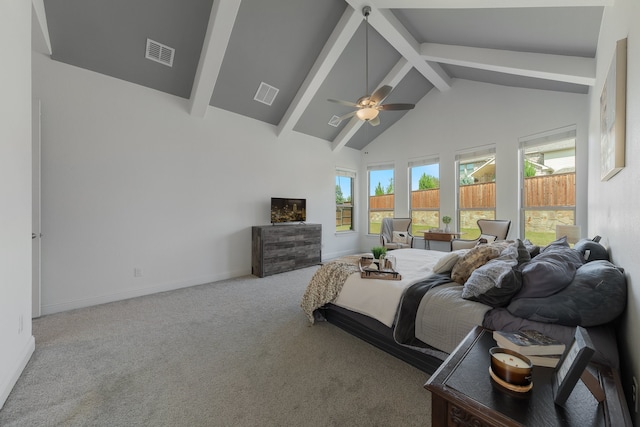 carpeted bedroom featuring ceiling fan, beamed ceiling, and high vaulted ceiling