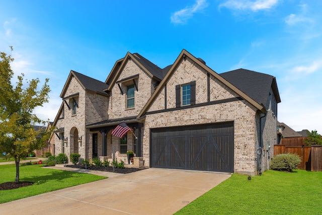 view of front of home featuring a front yard and a garage