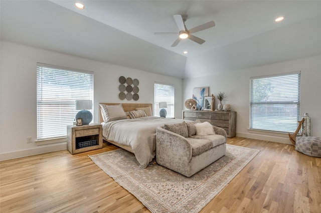 505 Sandra Dr, Irving, TX 75060 - bedroom with light wood-type flooring, baseboards, a ceiling fan, lofted ceiling, and recessed lighting