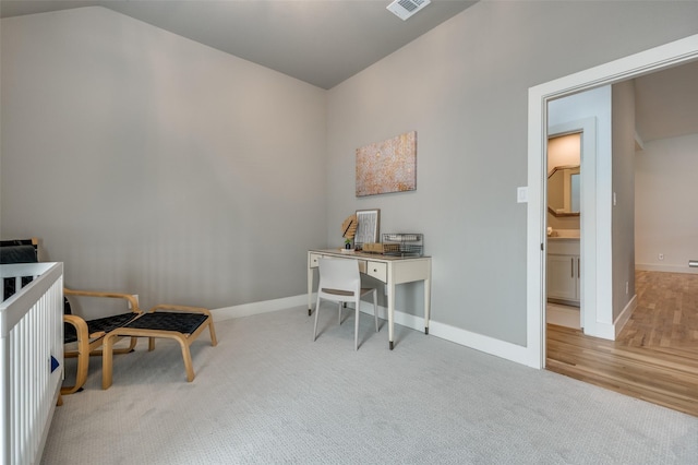 505 Sandra Dr, Irving, TX 75060 - carpeted home office featuring baseboards and lofted ceiling